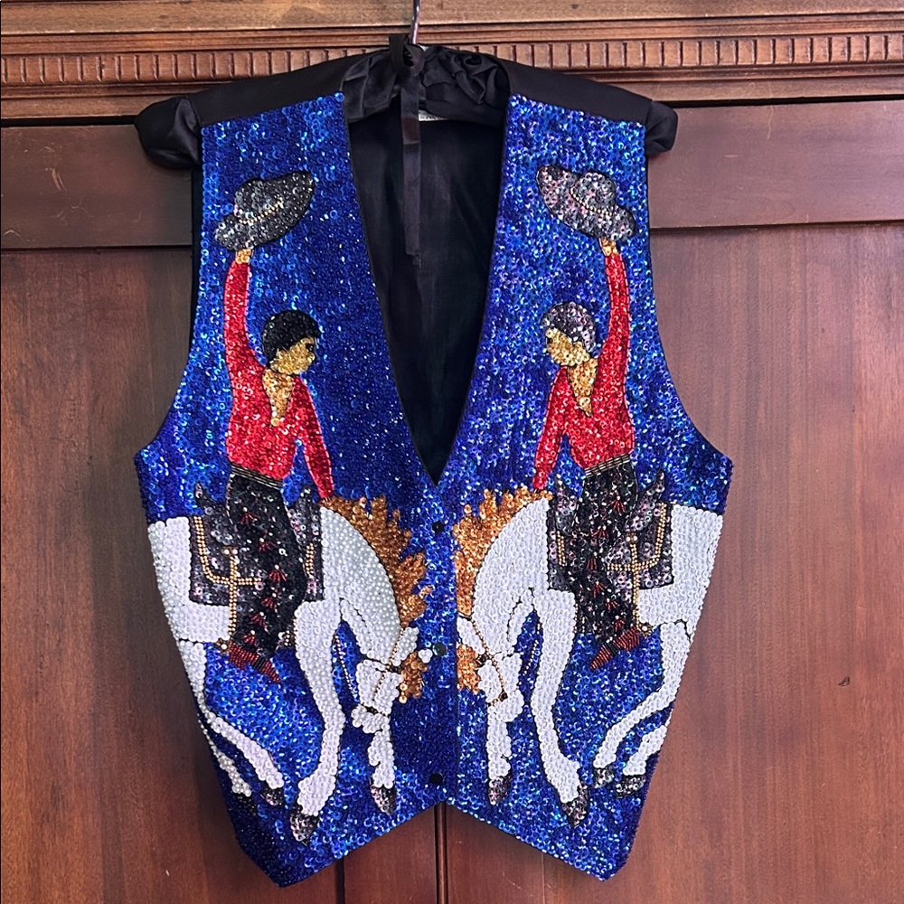Vintage Sequined Bronco Riders Vest in Blue & Red OS
